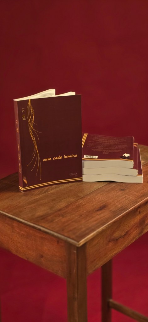Coperta unei cărți intitulată 'cum cade lumina', așezată pe o masă din lemn, cu un fundal roșu.